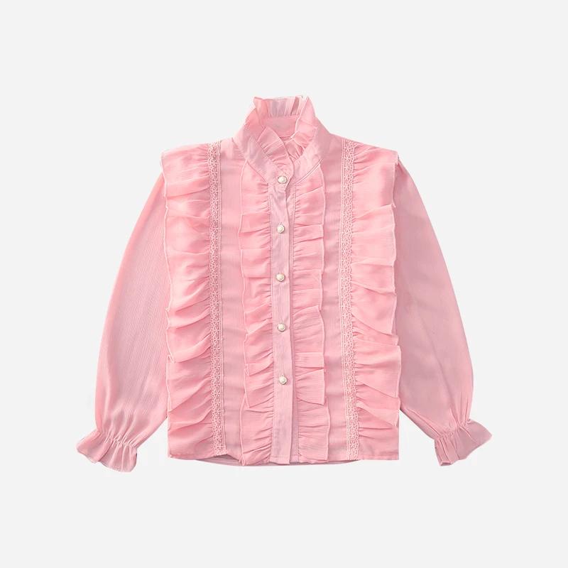 Girls Shirts Korean Ruffle Lace Chiffon Shirt Elegant Sweet Chic Long Puff Sleeve Big Kids Blouse White Pink Tops Cl